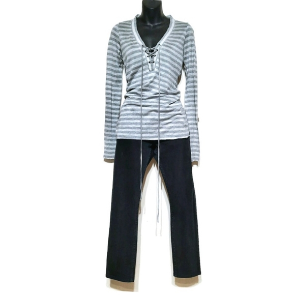 L'AGENCE Lace-Up Front Top Long Sleeve Striped Henley Shirt Super Soft Sz S - Picture 7 of 7